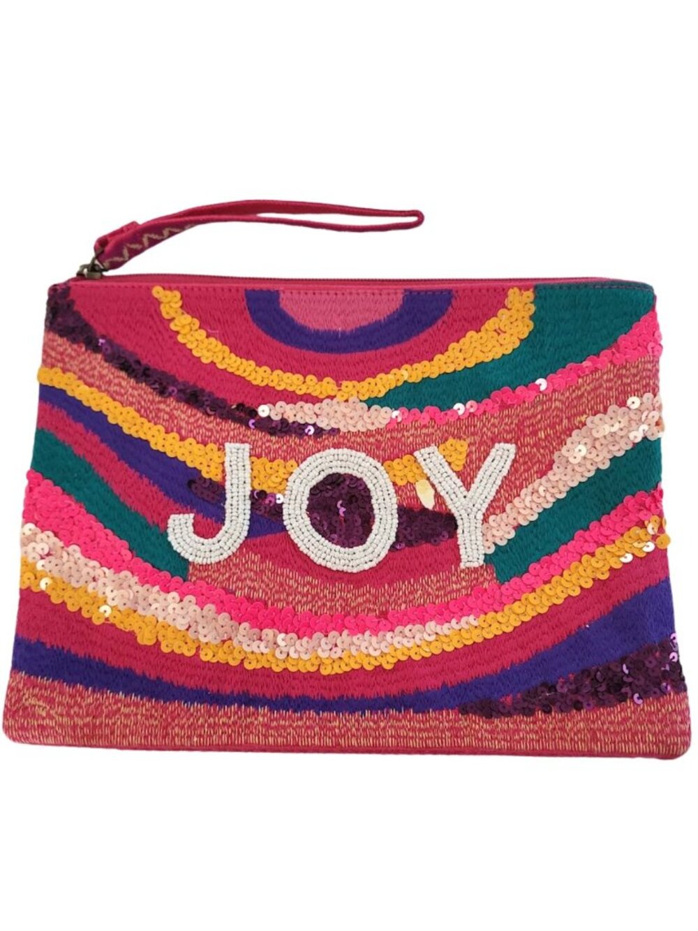 AMERICA & BEYOND Pink Multi-Colored Handcrafted  "JOY" Sequined Pouch Clutch